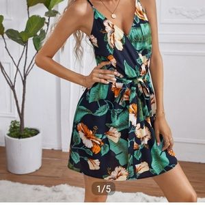 1] Tropical Print Belted Cami Dress. 2] Ruffle Hem Polka Dot Cami Dress.